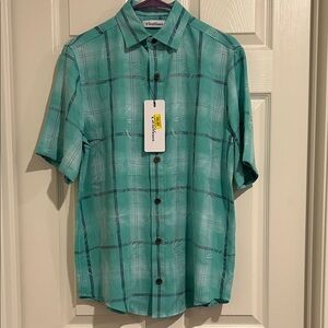 Caribbean Teal Plaid Short-Sleeve Button-Up Shirt